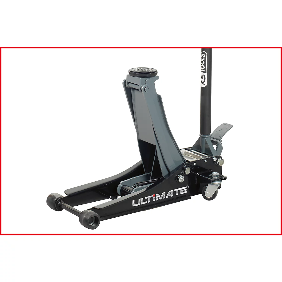 Schwarzer und grauer Wagenheber mit der Aufschrift "ULTIMATE".